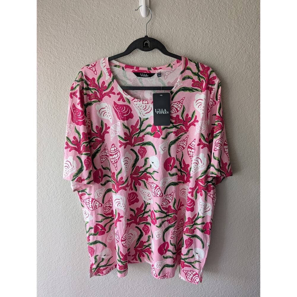 Ulla Popken pink floral print cotton knit plus size short sleeve t-shirt 20/22
